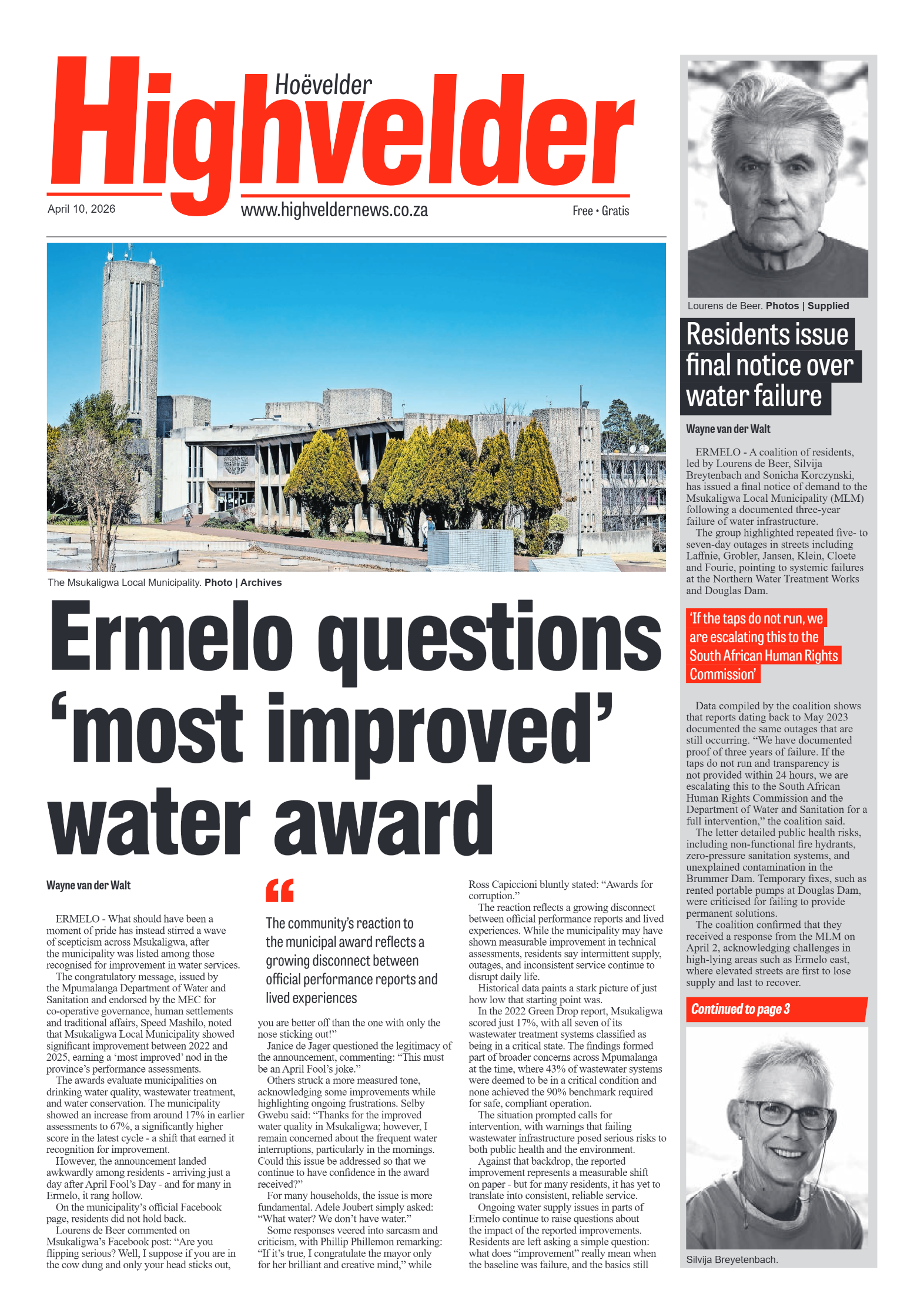 Highvelder Newspaper 10 April 2026 page 1