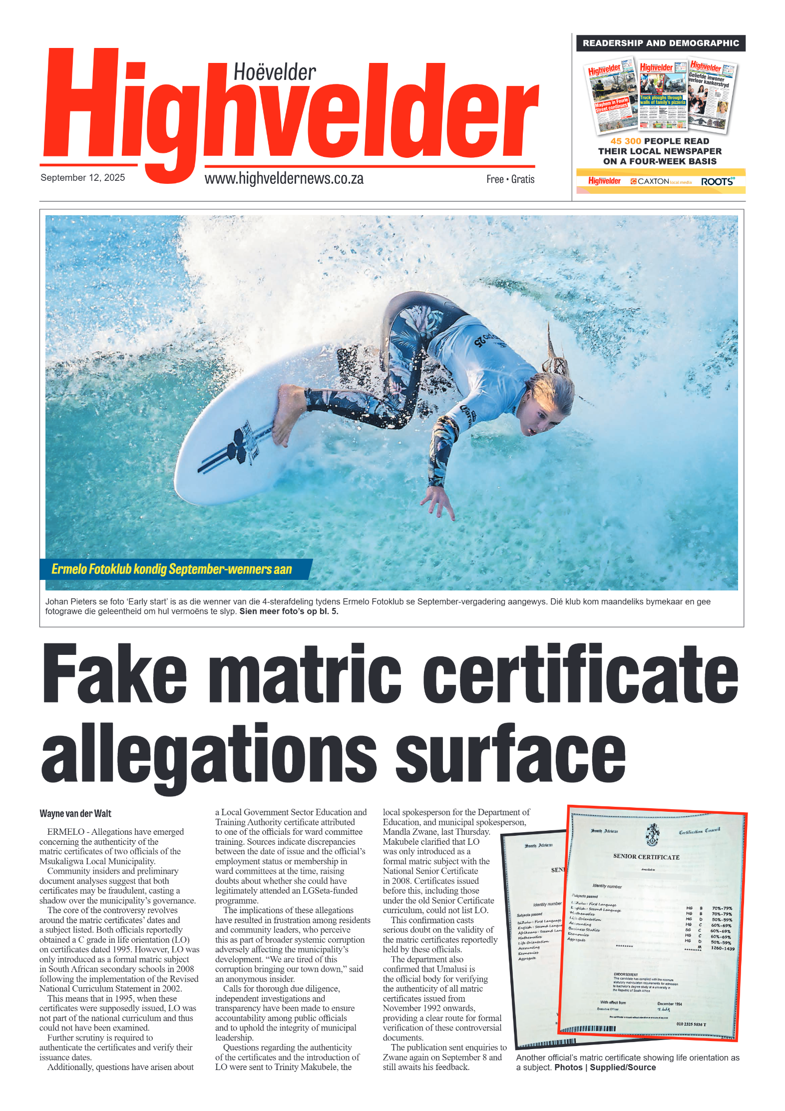 Highvelder Newspaper 12 September 2025 page 1