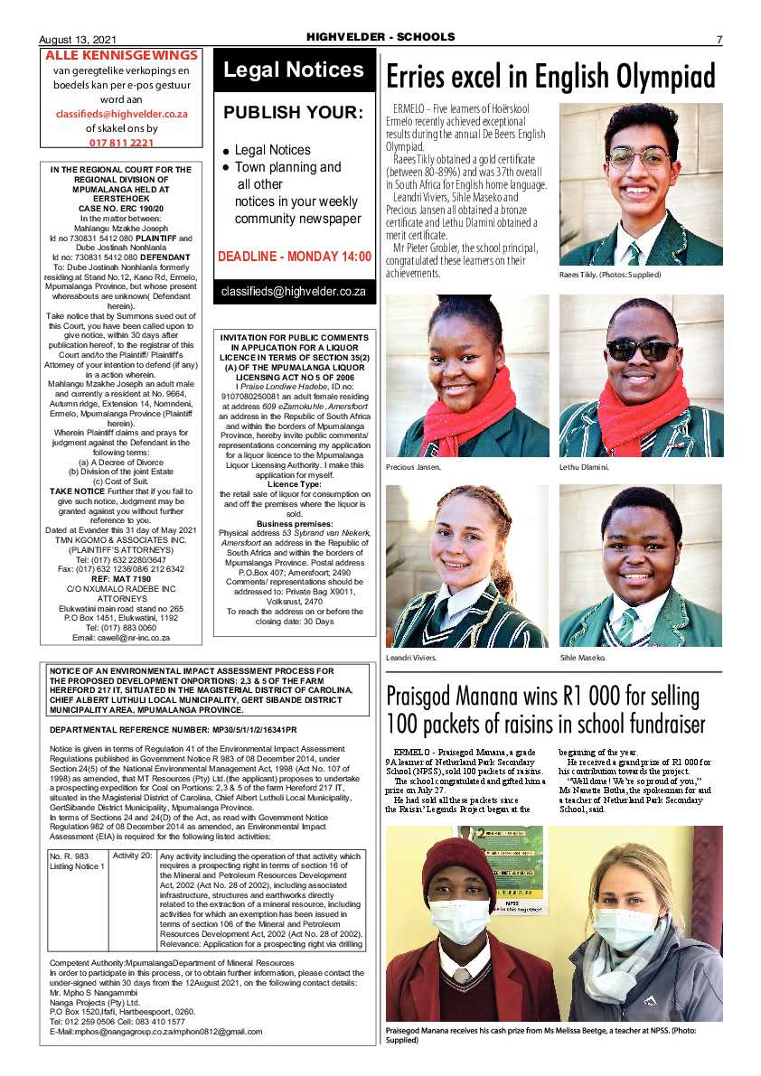 Highvelder Newspaper 13 August 2021 page 7