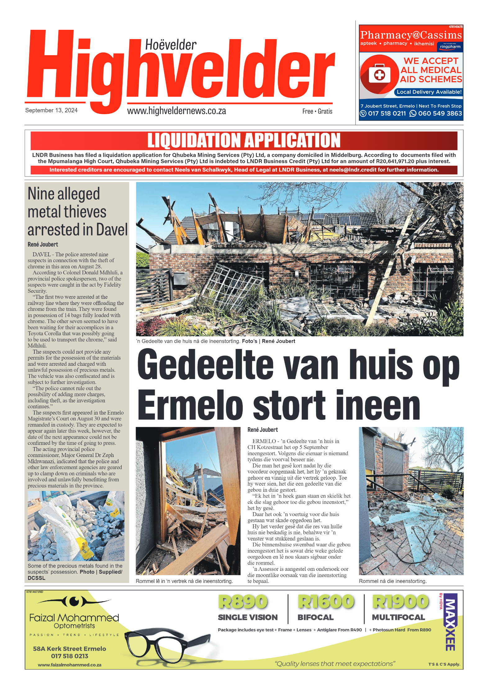 Highvelder Newspaper 13 September 2024 page 1