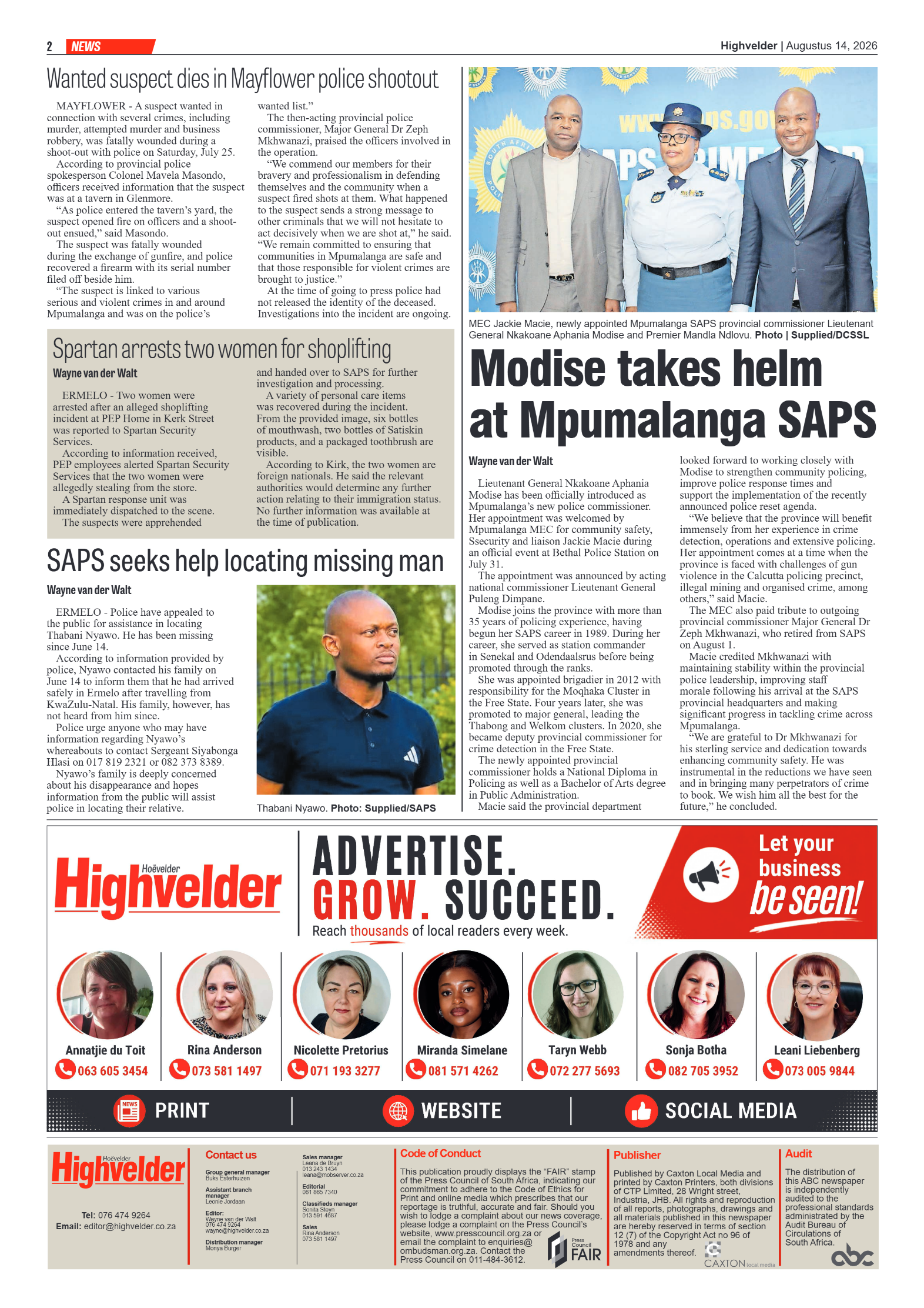 Highvelder Newspaper 14 August 2026 page 2