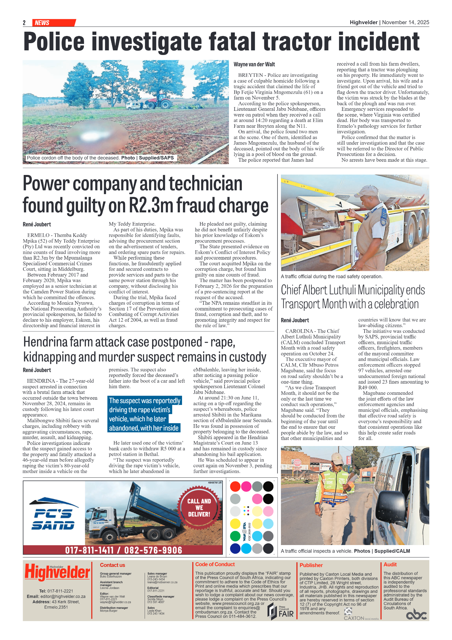 Highvelder Newspaper 14 November 2025 page 2