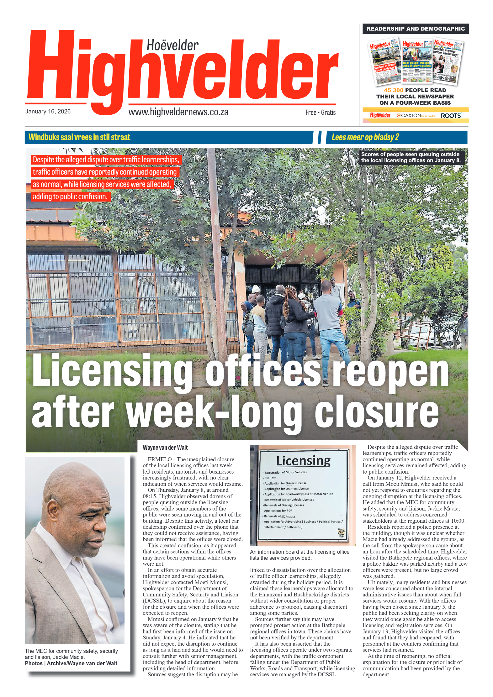 Highvelder Newspaper 16 Januarie 2026 page 1