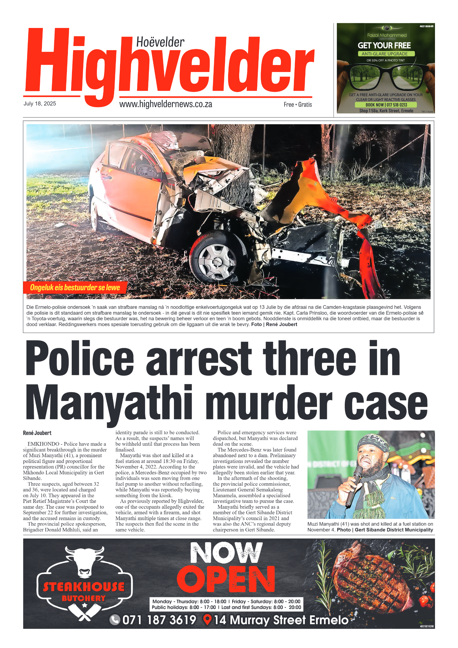 Highvelder Newspaper 18 July 2025 page 1