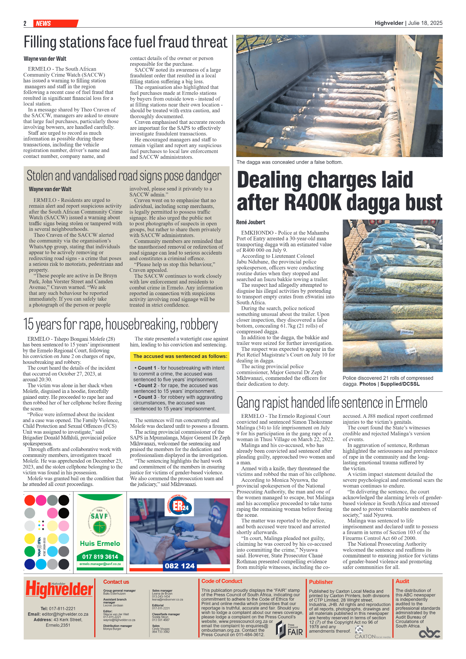 Highvelder Newspaper 18 July 2025 page 2