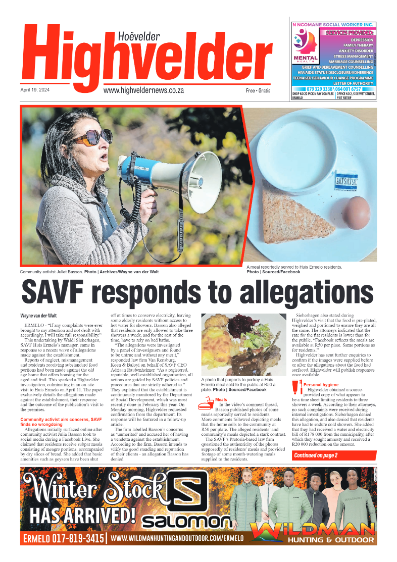 Highvelder Newspaper 19 April 2024 page 1