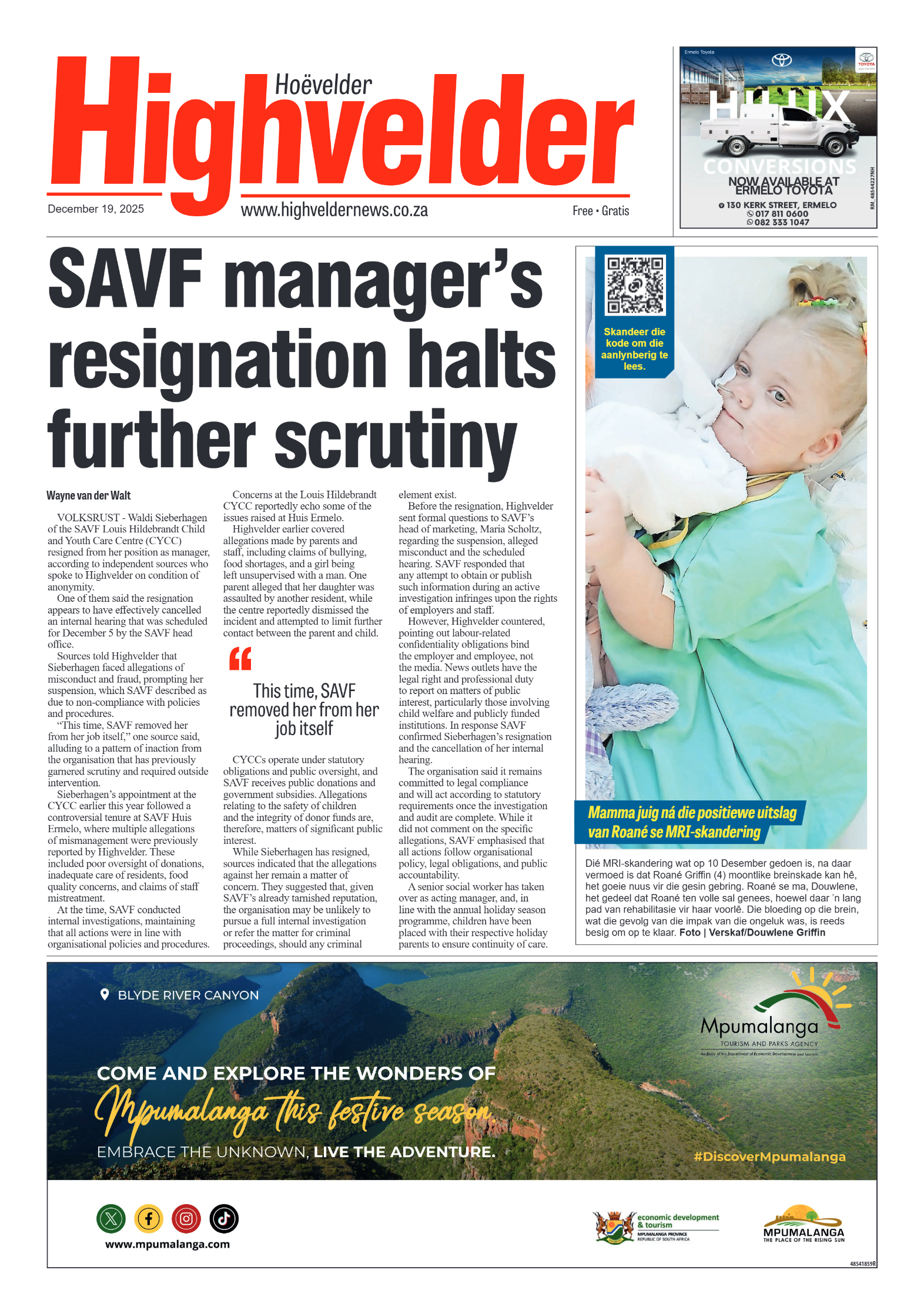 Highvelder Newspaper 19 December 2025 page 1