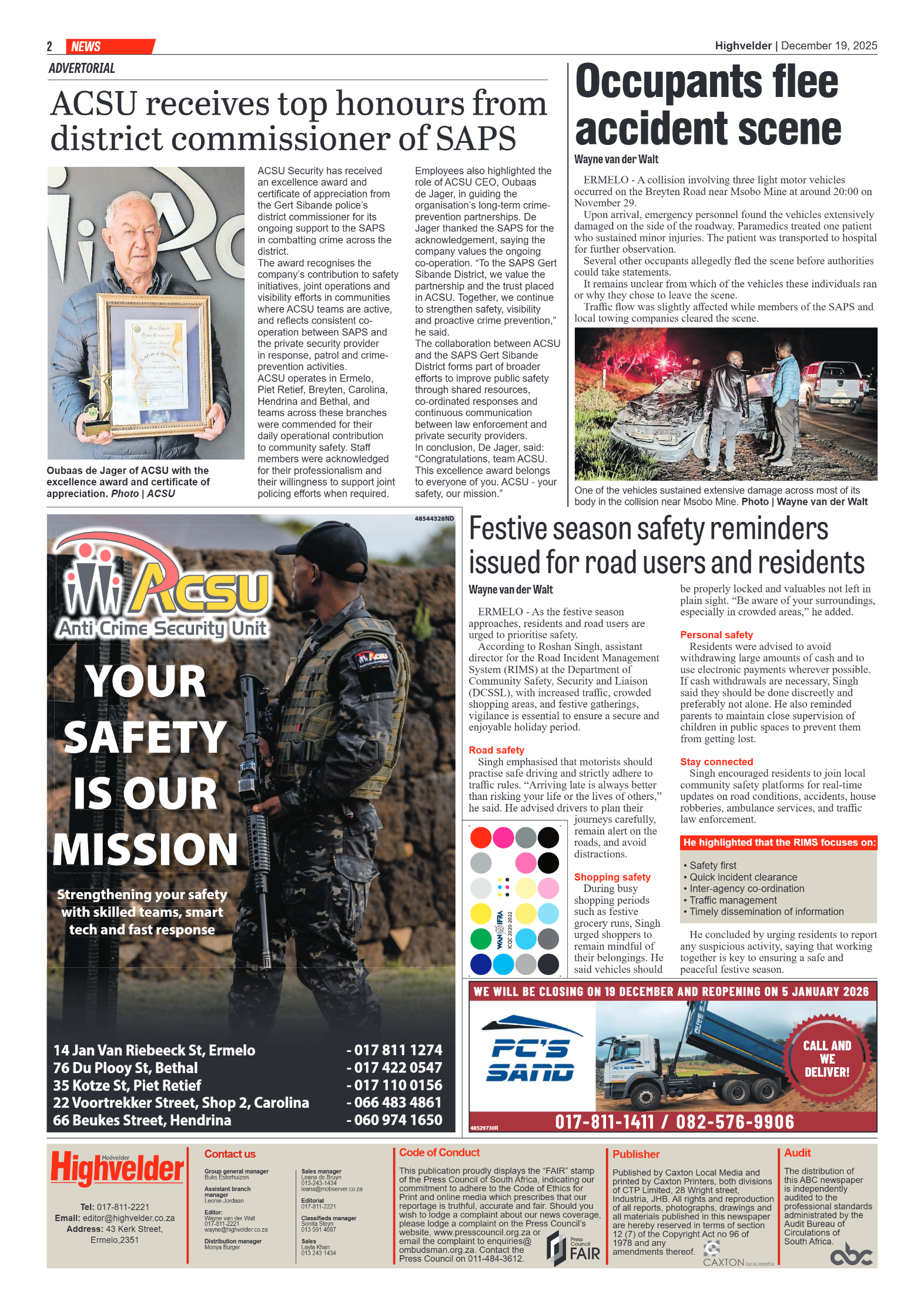 Highvelder Newspaper 19 December 2025 page 2
