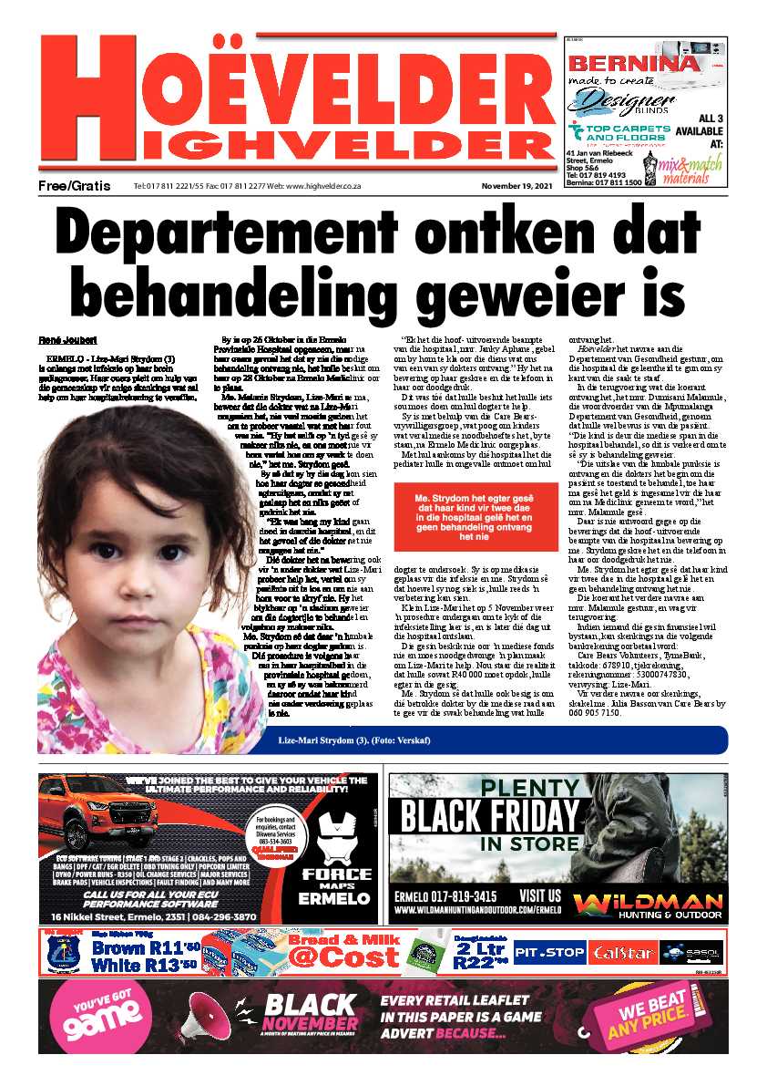 Highvelder Newspaper 19 November 2021 page 1