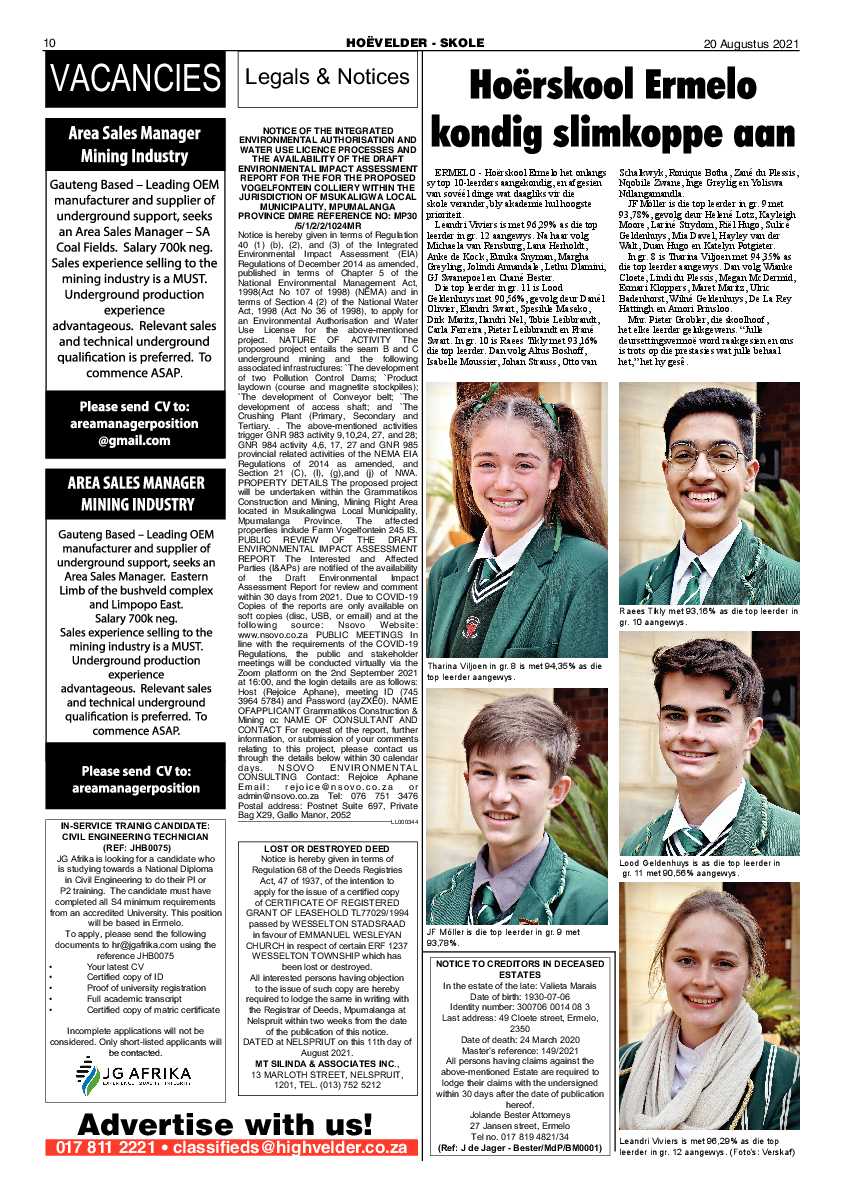 Highvelder Newspaper August 20 2021 page 10