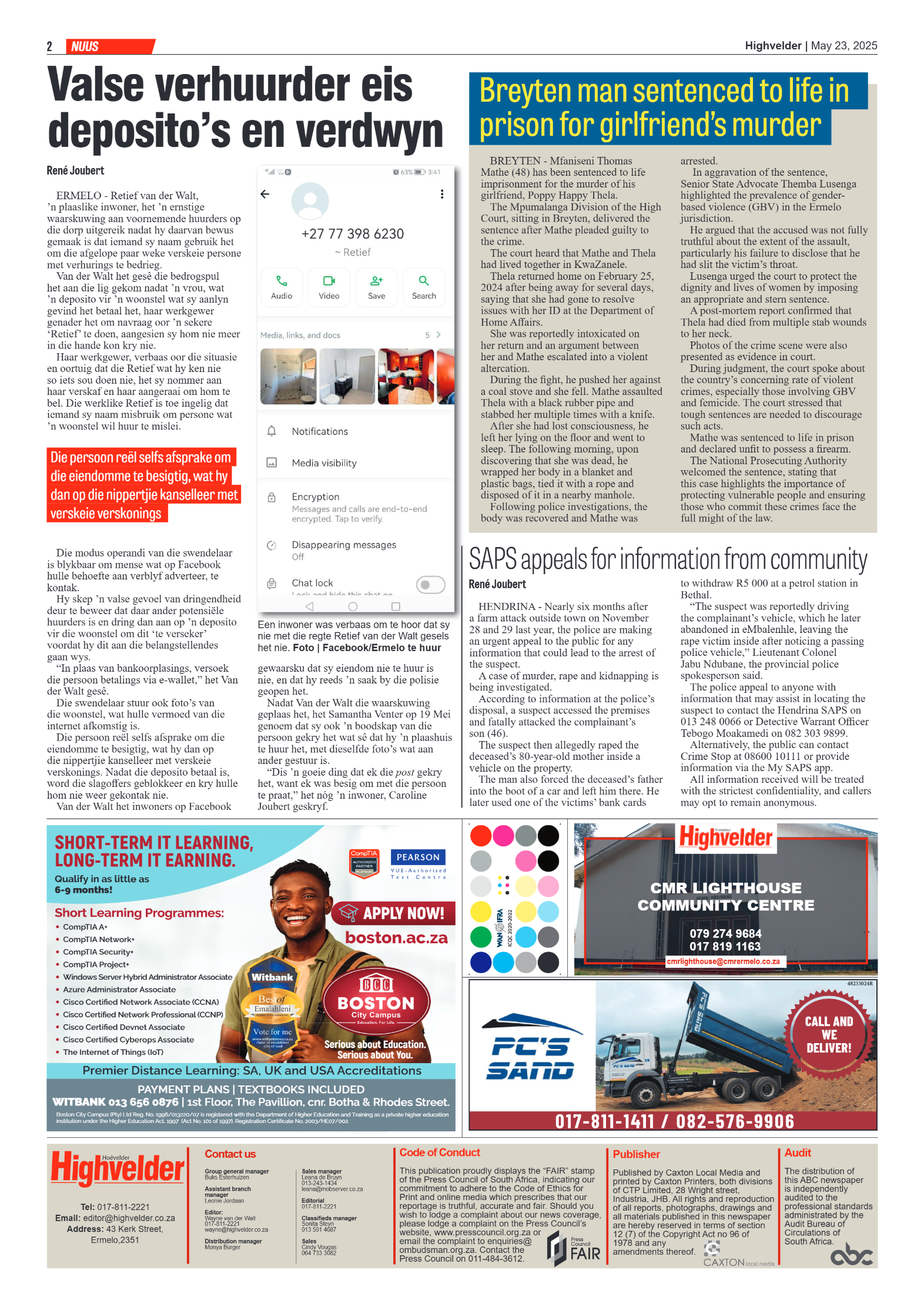 Highvelder Newspaper 23 May 2025 page 2