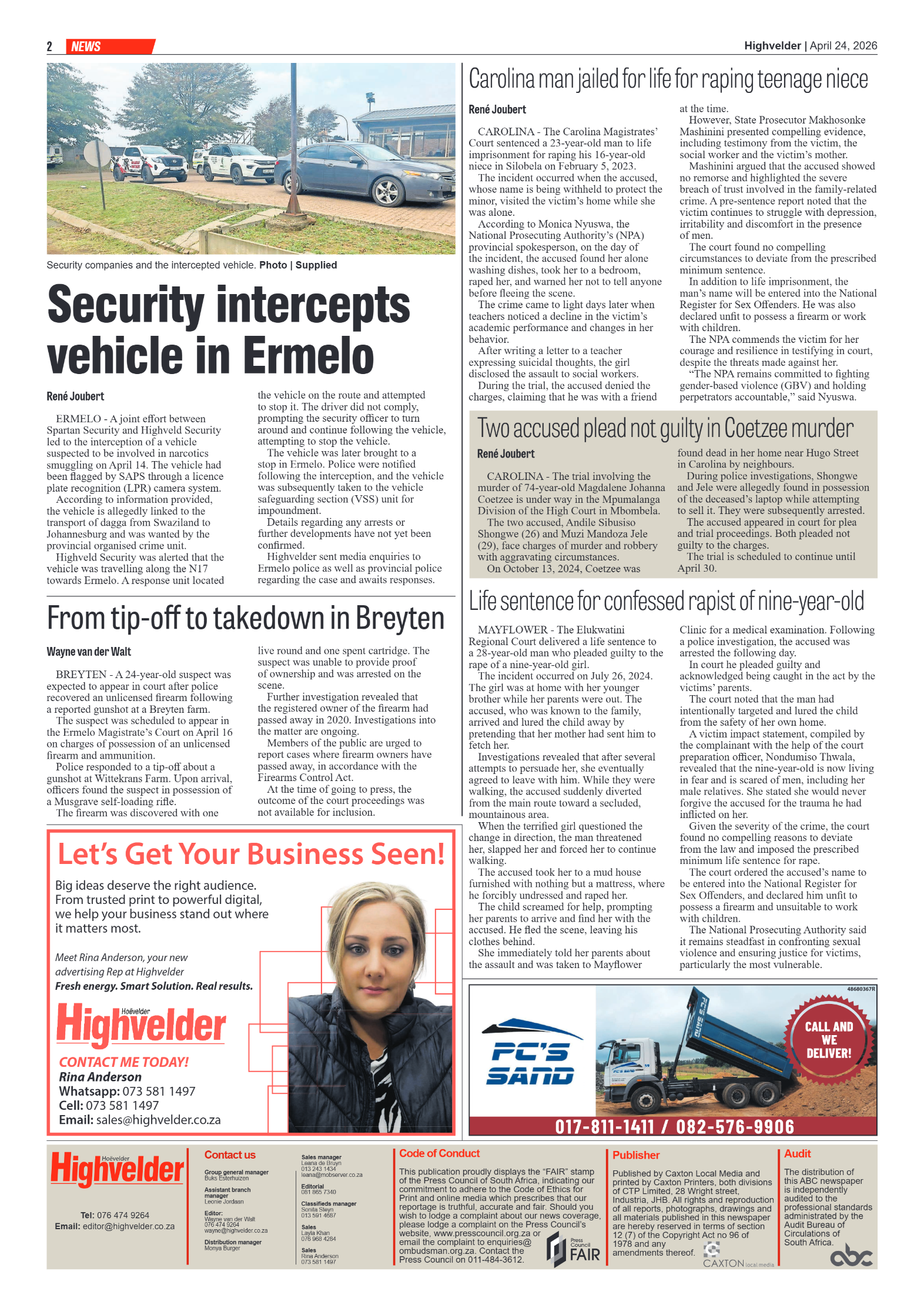 Highvelder Newspaper 24 April 2026 page 2