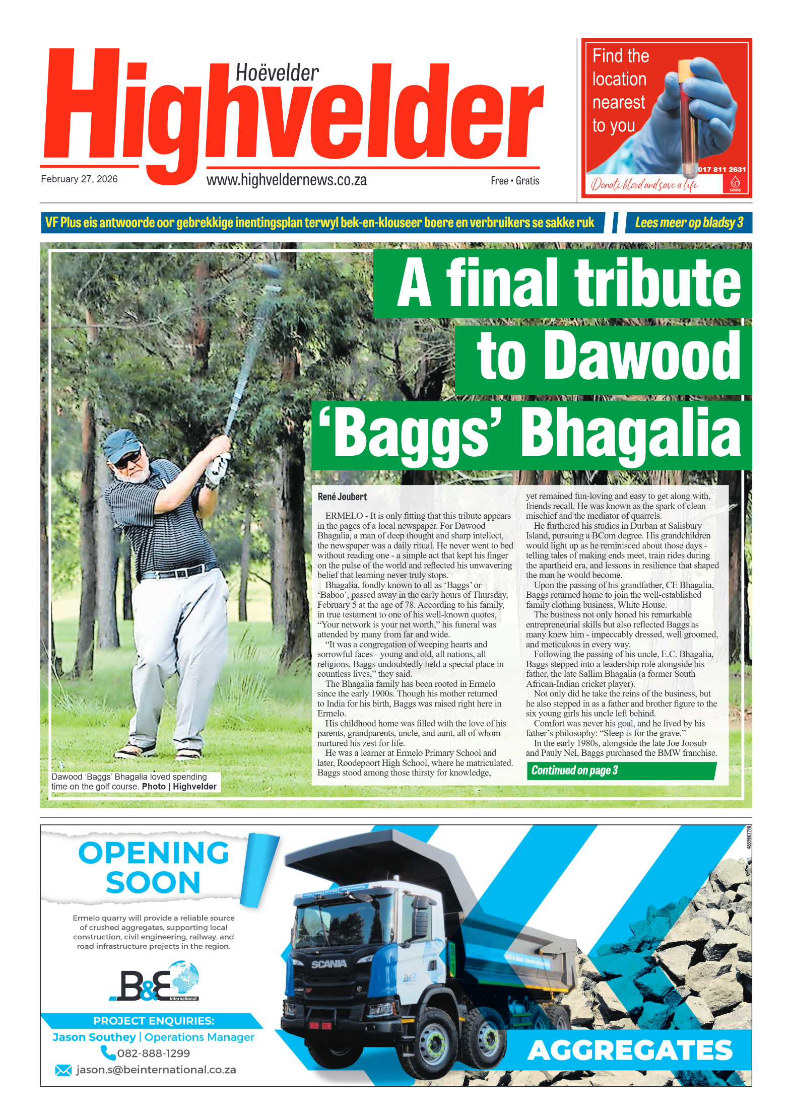 Highvelder Newspaper 27 February 2026 page 1