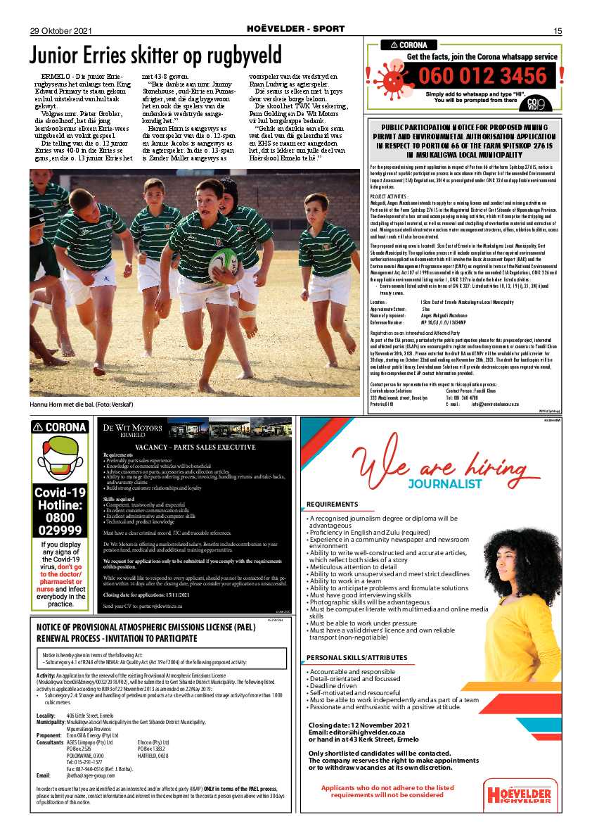 Highvelder Newspaper 29 October 2021 page 15