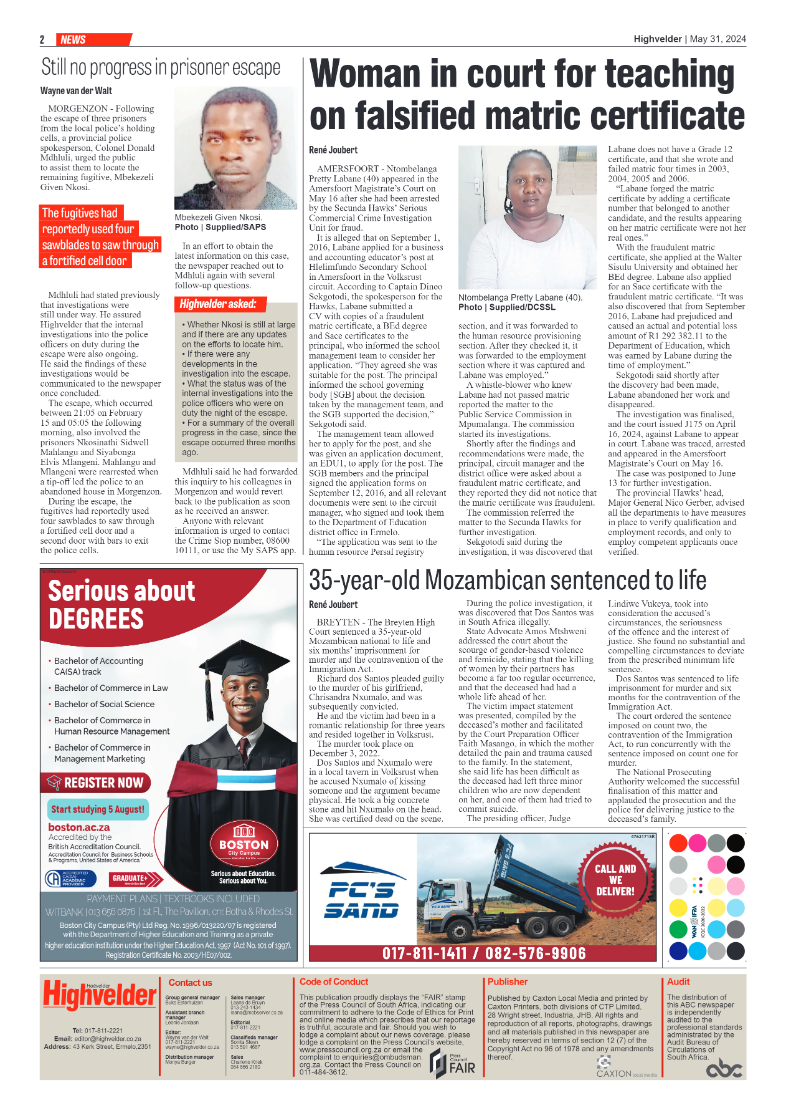 Highvelder Newspaper 31 May 2024 page 2