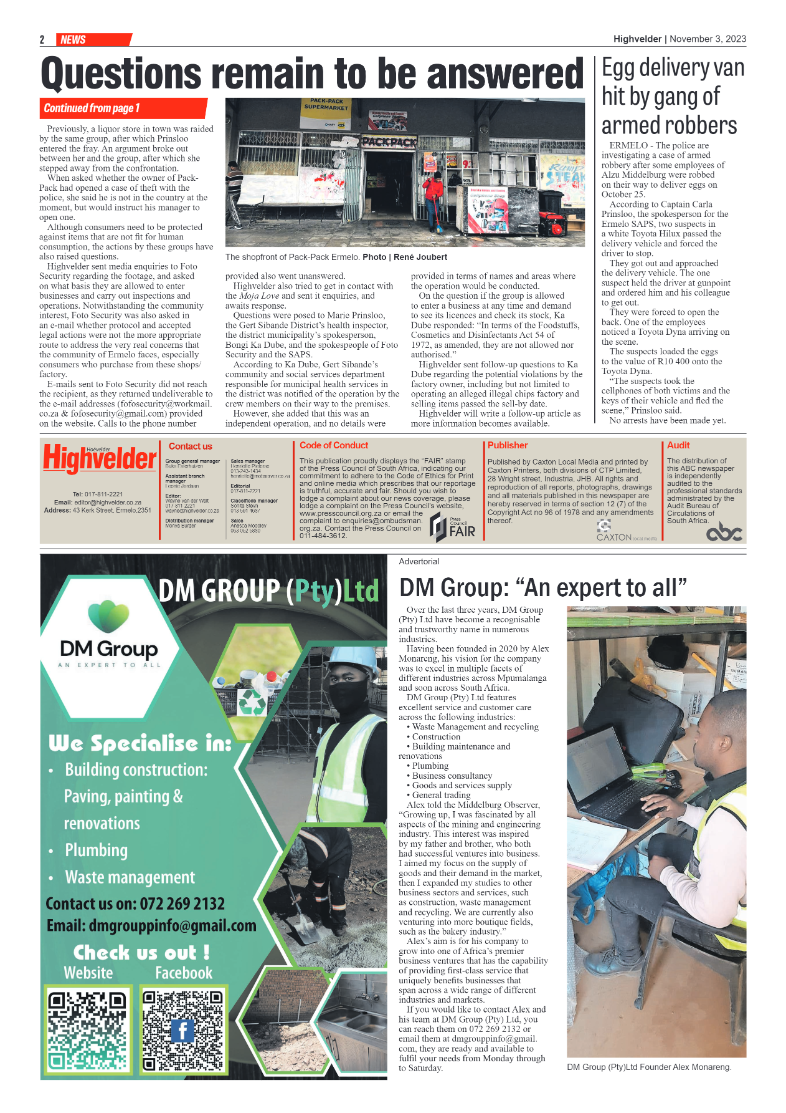 Highvelder Newspaper 3 November 2023 page 2
