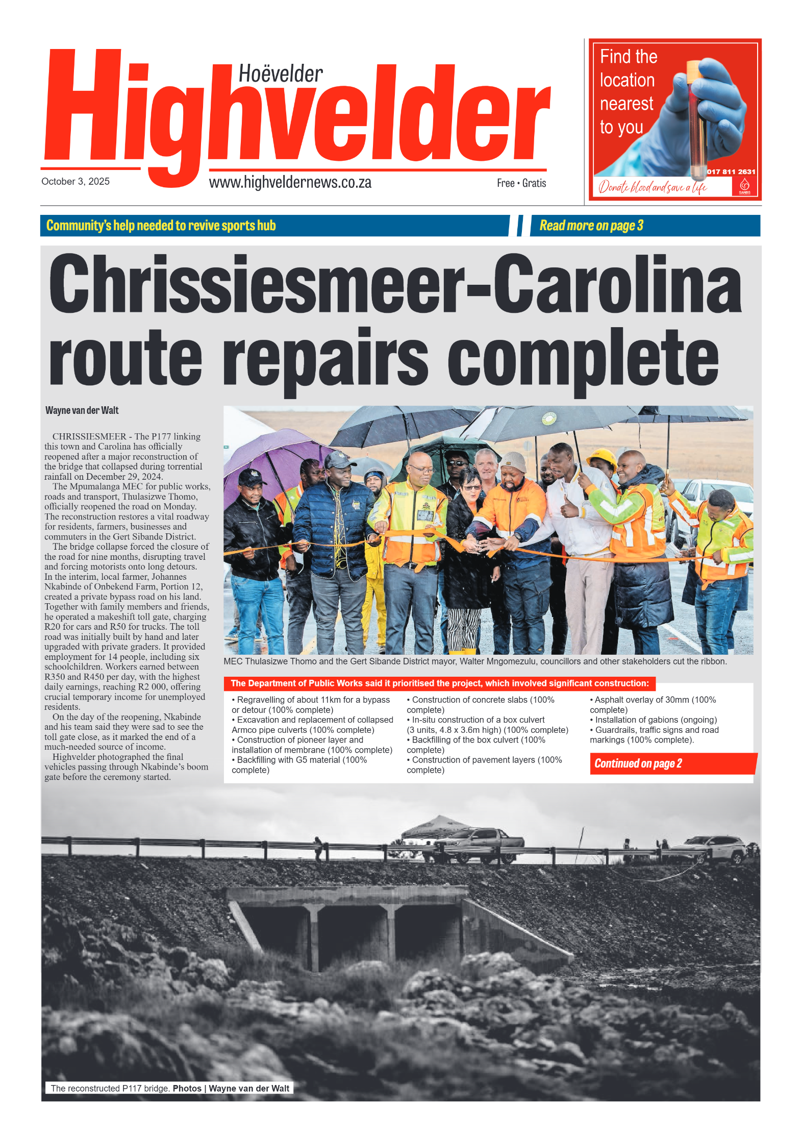 Highvelder Newspaper 3 October 2025 page 1