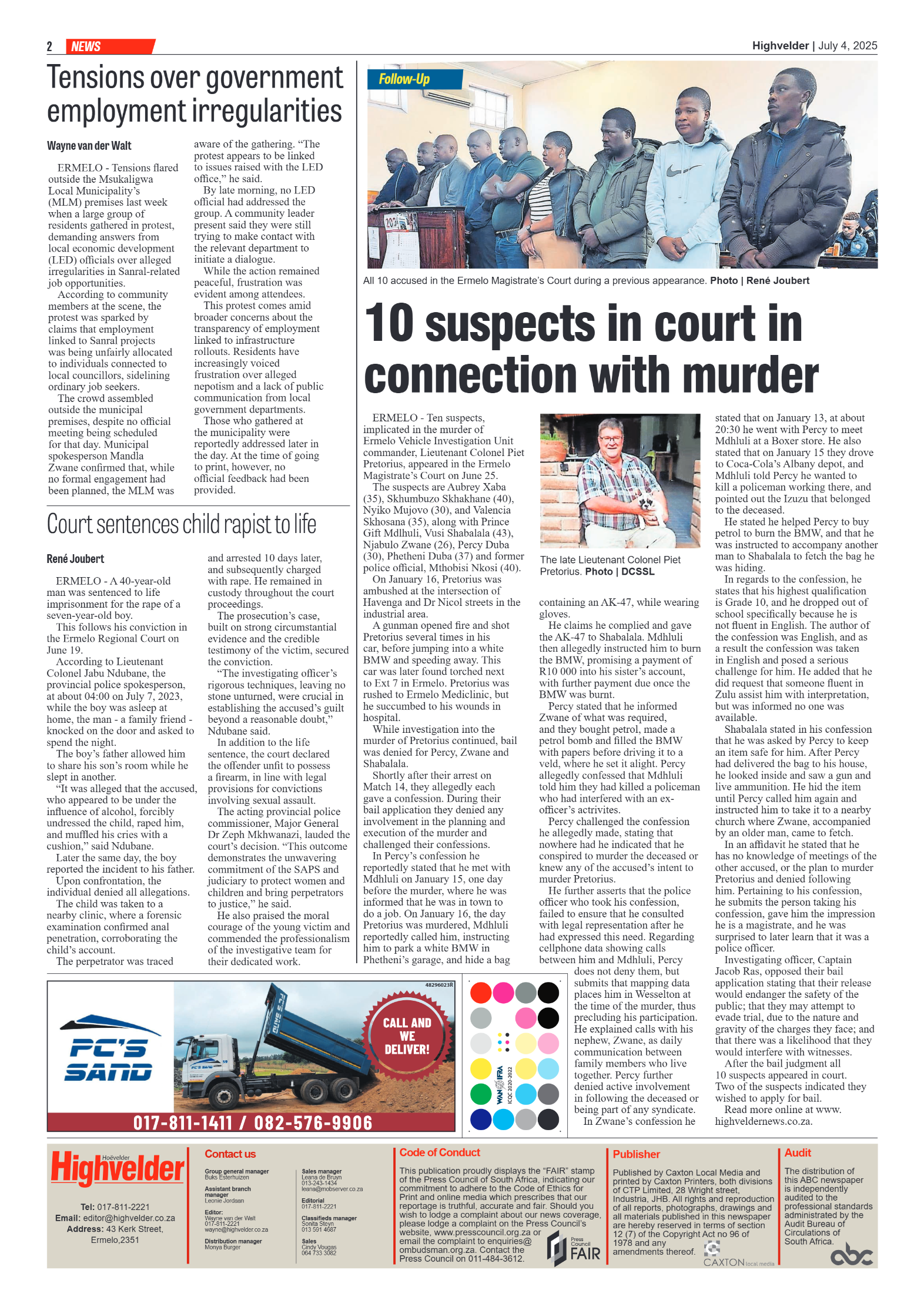Highvelder Newspaper 4 July 2025 page 2