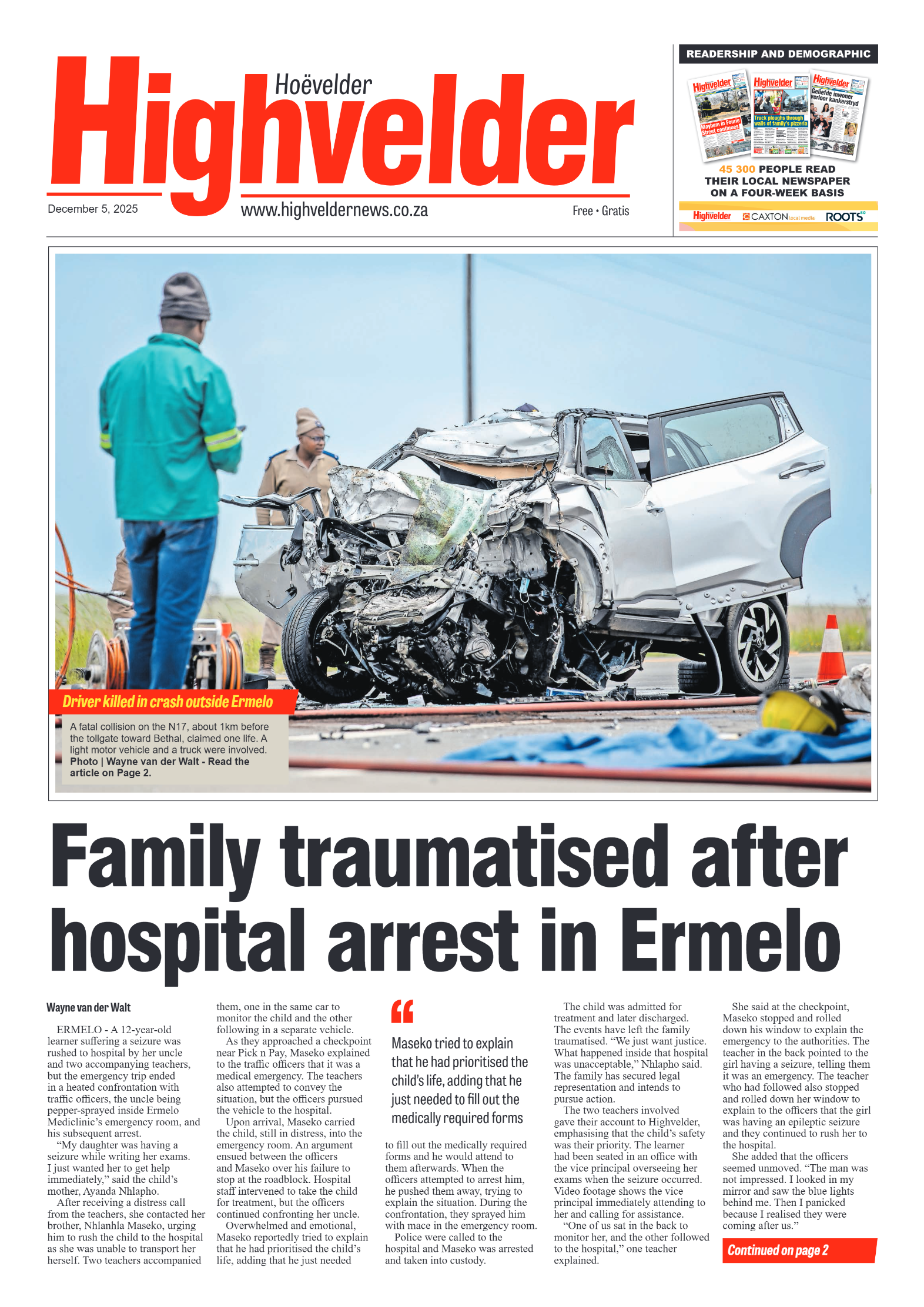 Highvelder Newspaper 5 December 2025 page 1