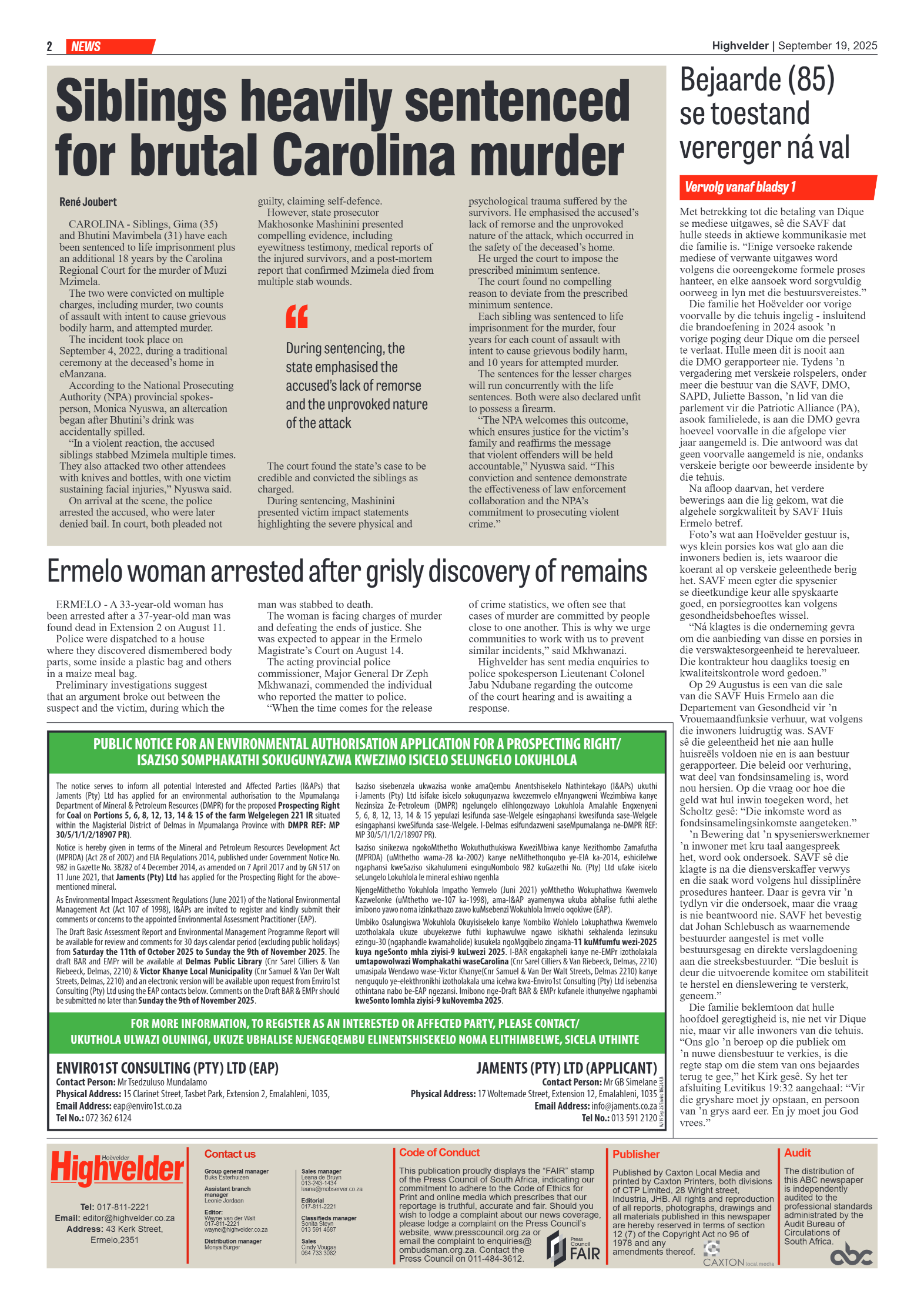Higvelder Newspaper 19 September 2025 page 2